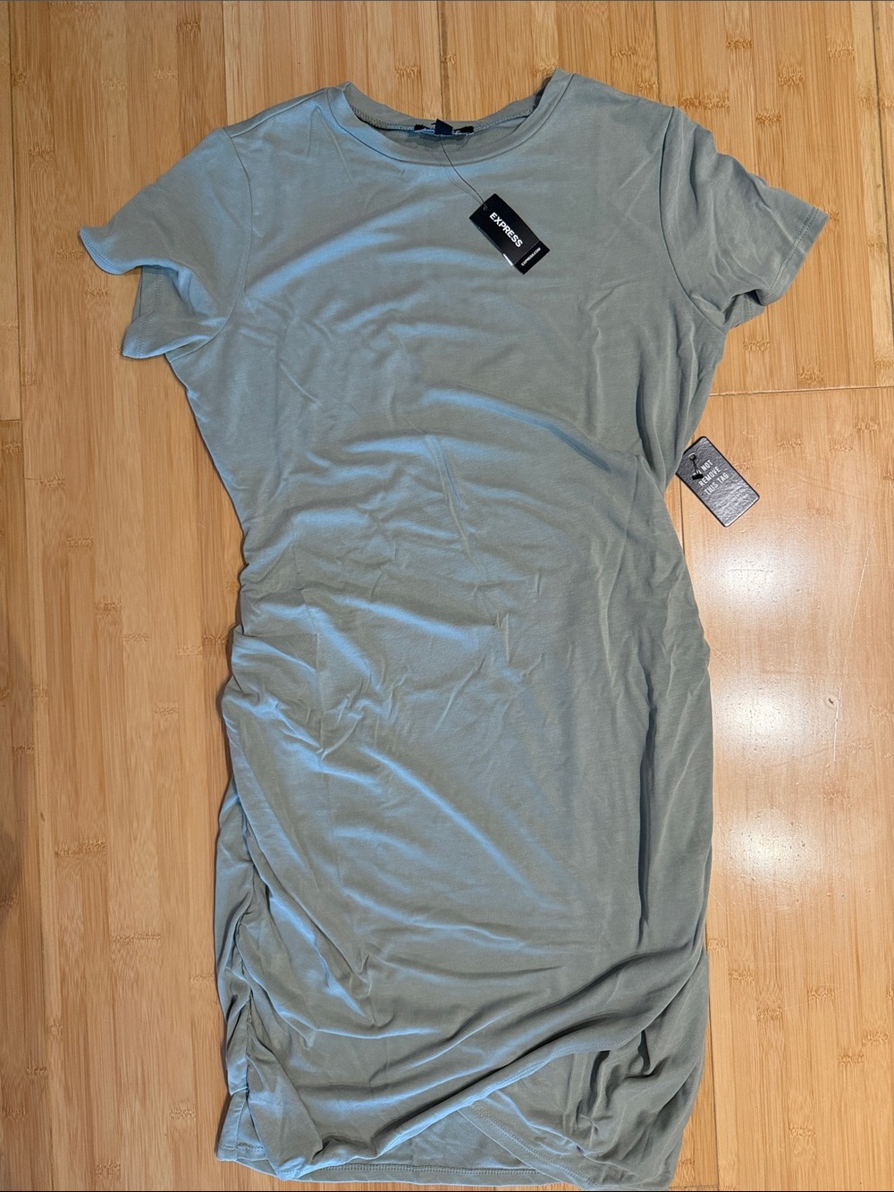 Express Sage Green Short Sleeve Ruched T-Shirt Dress